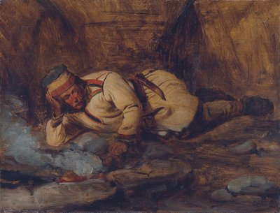 Lapończyk śpi przy ognisku autorstwa François Auguste Biard