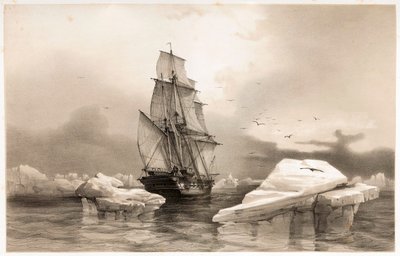 Corvette La Recherche w pobliżu Wyspy Niedźwiedziej, 7 sierpnia 1838, z Voyages en Scandinavia, 1852. autorstwa François Auguste Biard