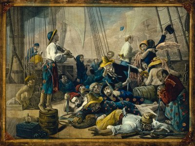 Piraci w damskich strojach próbują zwabić statek handlowy autorstwa François Auguste Biard