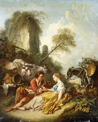Pejzaż pasterski z pasterzem i pasterzem siedzącym przy ruinach, autorstwa François Boucher