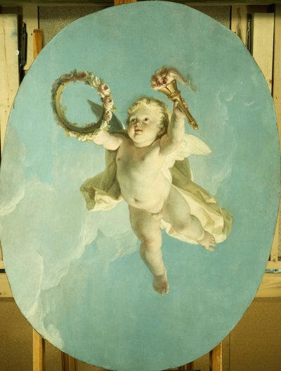 Putti w locie trzymający wieniec i pochodnię, autorstwa François Boucher