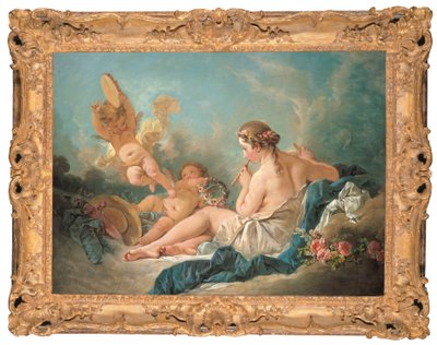 Leżąca nimfa grająca na flecie z Putti, być może muza Euterpe, 1752 autorstwa François Boucher