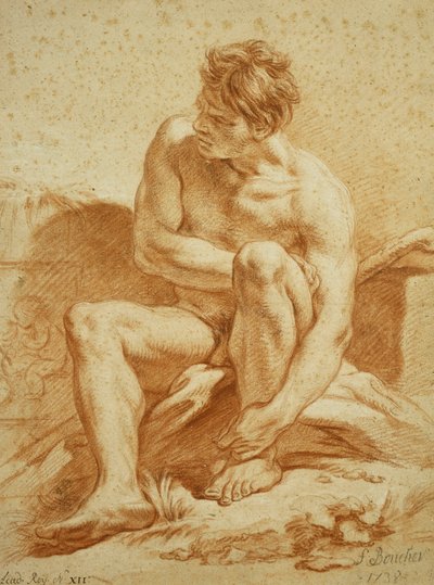 Siedzący akt z laską, płaskorzeźba z Puttim po lewej stronie, 1738 autorstwa François Boucher