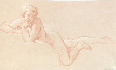Nagie studium kobiety leżącej na chmurach z brodą opartą na lewej ręce autorstwa François Boucher