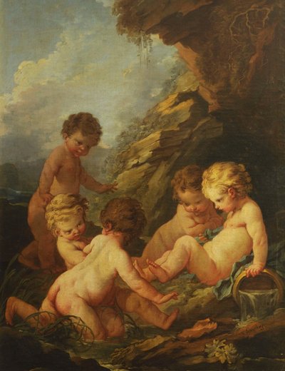 Boucher - Pięcioro nagich dzieci bawiących się przy skalistym basenie, 1730-1735 autorstwa François Boucher