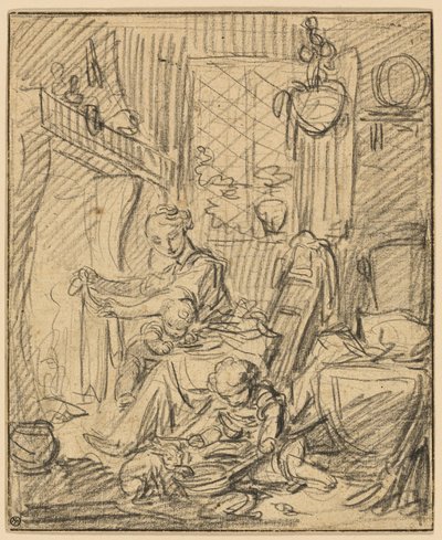 Scena domowa: Matka z dwójką małych dzieci przed kominkiem autorstwa François Boucher