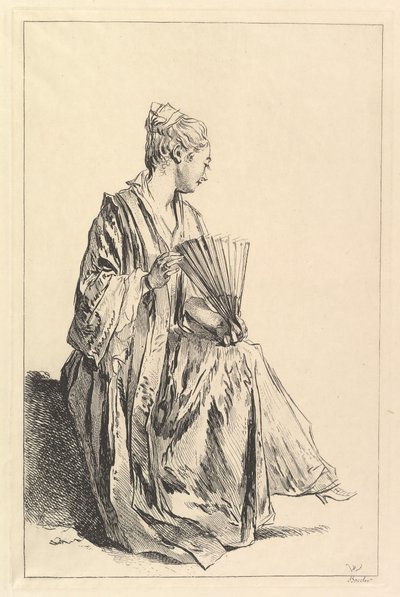 Siedząca kobieta, z profilu po prawej, grająca wachlarz, 1720-70. autorstwa François Boucher