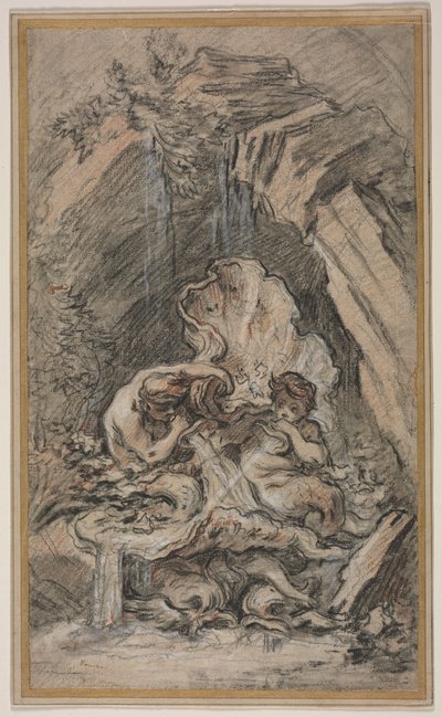 Fontanna z dwoma trytonami dmuchającymi muszlami z muszli, ok. 1900 r. 1736. autorstwa François Boucher