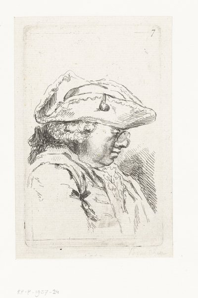 Głowa mężczyzny w okularach i tricorne Zestaw małych utworów gatunkowych i nagłówków (tytuł serii) autorstwa François Boucher