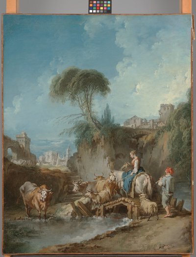 Krajobraz z odległymi budynkami i pasterzem autorstwa François Boucher