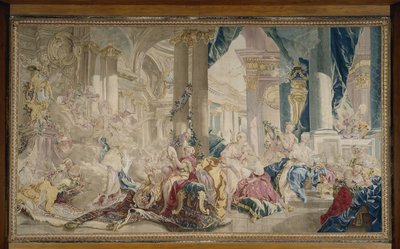 Manufacture de Beauvais - Psyche prowadzona przez Zefira do pałacu miłości i Psyche pokazująca swoje bogactwo siostrom, po 1741 r. autorstwa François Boucher