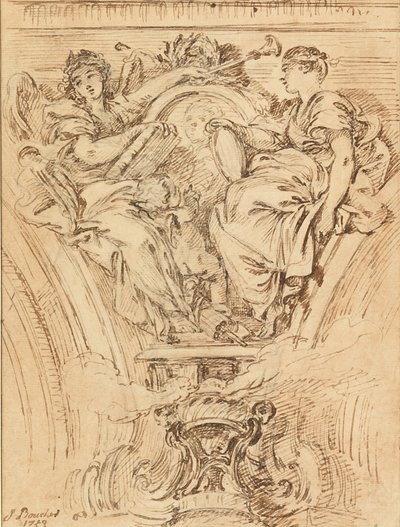 Dekoracja spandrelu:  Sława i Prawda oklaskujące Ludwika XV autorstwa François Boucher