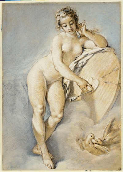 Stojąca Wenus, wskazująca na serce na tarczy z dwoma gołębiami, 1754 autorstwa François Boucher