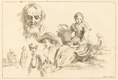 Badania figur, w tym brodata twarz starego człowieka autorstwa François Boucher after Abraham Bloemaert