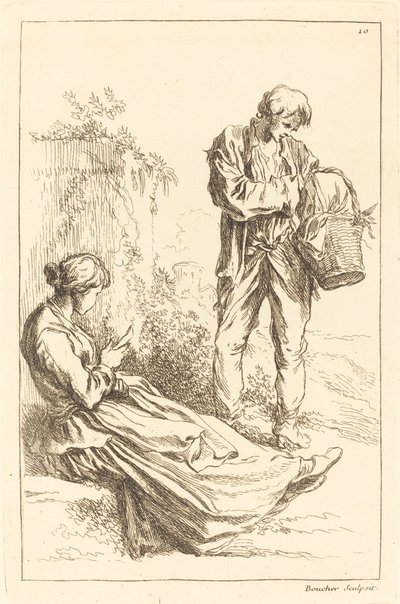 Siedząca kobieta z chłopem trzymającym koszyk autorstwa François Boucher after Abraham Bloemaert