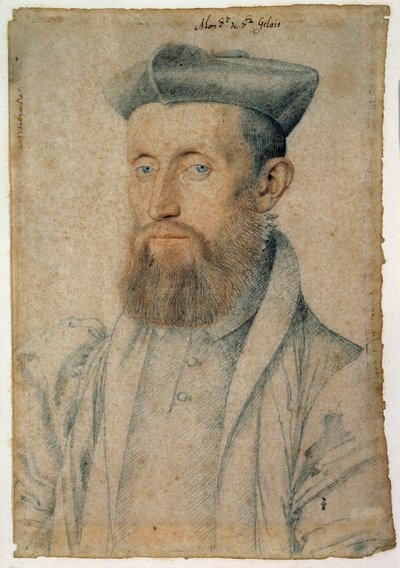 Portret Mellin de Saint-Gelais (lub Saint Gelais, Saint Gelays, Saint Gelays, Saint-Gelais, Saint Gelais) (1495-1558), poety francuskiego. Rysunek krwią i czarnym kamieniem Cloueta Francois (1515-1572), ok. 1500. Chantilly, Musee Conde autorstwa François Clouet