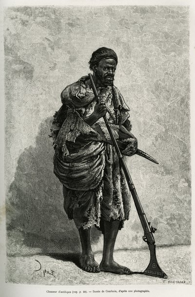 Łowca antylop. Grawerowanie Courboina, dla zilustrowania algierskiej Sahary, autorstwa V. Largeau, w latach 1874-1878, opublikowane w Tour du monde, pod kierunkiem Edouarda Chartona (1807-1890) autorstwa François Courboin