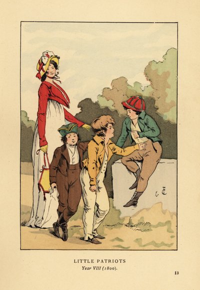 Chłopcy w marynarkach i bryczesach z Merveilleuse w rzymskiej szacie z czepkiem i kurtką spencer. Mali Patrioci, Rok VIII autorstwa François Courboin