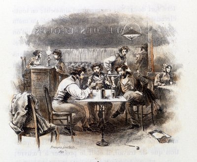Dyskusja między studentami w paryskiej kawiarni. Ilustracja „” Profile of grisette””” nowego należącego do Receuil „”Mimi de Pinson”” autorstwa Alfreda de Musseta autorstwa François Courboin