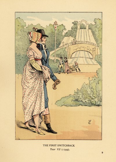 Modna para na rollercoasterze Russian Mountains, Les Montagnes Russes a Belleville, zbudowana w 1812 roku. (Pierwsza kolejka, rok VII autorstwa François Courboin