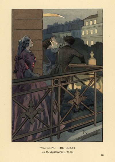 Modni ludzie obserwujący kometę z 1857 roku z balkonu bulwaru w Paryżu. Kobieta w krynolinie z lornetką. Ręcznie kolorowana litografia autorstwa R.V. wg ilustracji Francois Courboin z Octave Uzanne’s Fashion w Paryżu, William Heinemann, Londyn autorstwa François Courboin