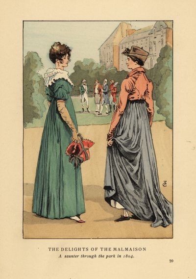 Modne kobiety korzystające z uroków Chateau de Malmaison. Spacer po parku w 1804 roku. Litografia kolorowa autorstwa R.V. wg ilustracji Francois Courboin z Octave Uzanne’s Fashion w Paryżu, William Heinemann, Londyn autorstwa François Courboin