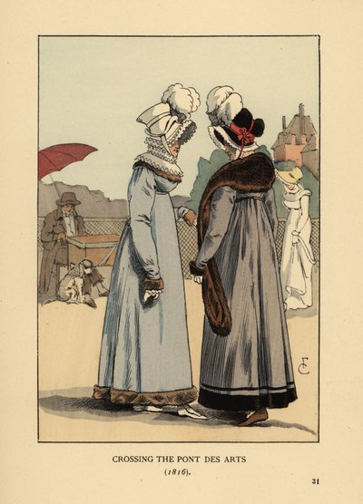 Modne kobiety w piórkowych czapkach, koronkowych kołnierzykach i futrzanych sukienkach. Przekraczanie Pont des Arts, Paryż autorstwa François Courboin