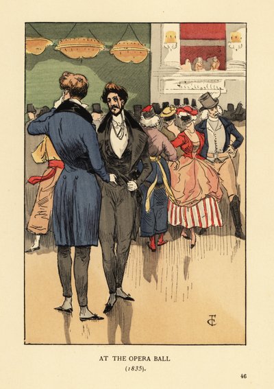 Faps w płaszczu z połami, kamizelce, obcisłych spodniach i białych pończochach. Za nimi ludzie w fantazyjnych strojach i maskach. Na balu w operze 1835. Litografia kolorowa autorstwa R.V. po ilustracji Francois Courboin z Octave Uzanne’s Fashion w Paryżu,  autorstwa François Courboin