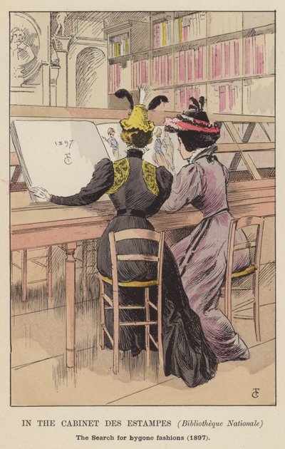 W Gabinecie Estampes, Bibliotheque Nationale, poszukiwanie minionych mód, 1897 autorstwa François Courboin