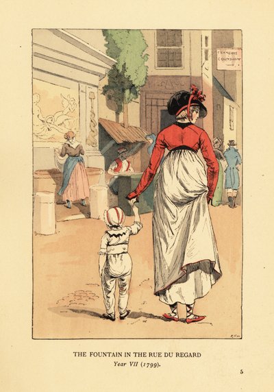 Kobieta i dziecko przed fontanną Leda, Fontaine de Leda, na Rue du Regard, Paryż, rok VII autorstwa François Courboin