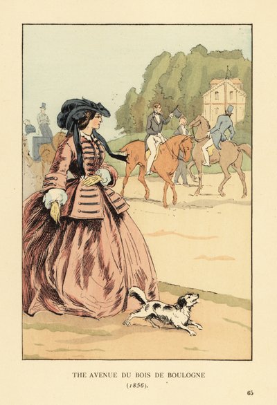 Kobieta w czepku, kurtce i szerokiej krynolinie z psem obserwująca jeźdźców konnych i powozy na torze jeździeckim. Aleja Bois de Boulogne, Paryż autorstwa François Courboin