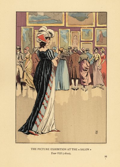 Kobieta w modnej sukience na Wystawie Obrazów w Salonie Paryskim, Academie des Beaux-Arts, rok VIII autorstwa François Courboin