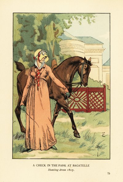 Kobieta w stroju myśliwskim, czepku i chustce prowadząca konia w Parc de Bagatelle, Bois de Boulogne, Paryż autorstwa François Courboin