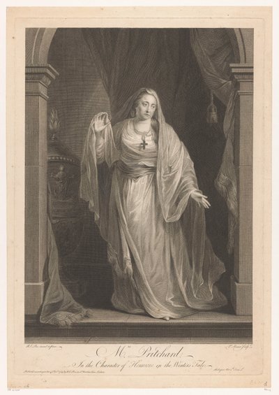 Portret van Hannah Pritchard jako Hermiona w „Opowieści zimowej” Pani Pritchard w roli Hermiony w Zimowej opowieści (tytuł na obiekcie) autorstwa François Germain Aliamet