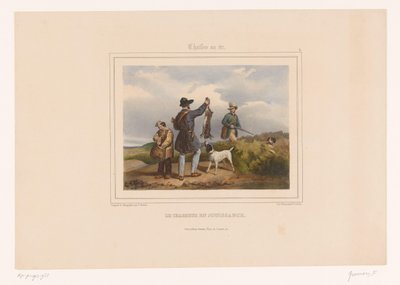 Myśliwy pokazuje innemu myśliwemu swojego zastrzelonego zająca Le chasseur en jouissance (tytuł na przedmiocie) Łowcy z bronią (tytuł serii) Chasses au Tir (tytuł serii na obiekcie) autorstwa François Grenier