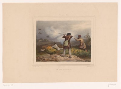 Dwóch myśliwych strzelających do kuropatw Le jour de guignon (tytuł na obiekcie) Łowcy z bronią (tytuł serii) Chasses au Tir (tytuł serii na obiekcie) autorstwa François Grenier