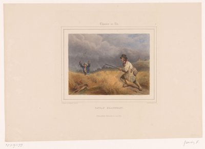 Dwóch kłusowników goni zająca Braconnant Paysan (tytuł na obiekcie) Łowcy z bronią (tytuł serii) Chasses au Tir (tytuł serii na obiekcie) autorstwa François Grenier