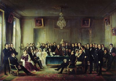 Francois Andrieux (1759-1833) Czytanie swojej tragedii „Junius Brutus” w foyer Komedii Francuskiej, 26 maja 1828, 1847 (patrz także 216914) autorstwa François Joseph Heim