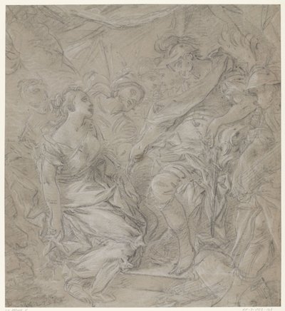 Młoda kobieta klęczy przed generałem w jego namiocie (Scypion?) autorstwa François Le Moine (manner of)