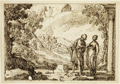 Niezidentyfikowana scena mitologiczna z mężczyzną i kobietą rozmawiającymi w klasycznym krajobrazie autorstwa François Roëttiers