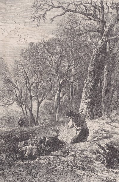 Scena zimowa: ściągacz do pni, z Magasin Pittoresque, ca. 1852. autorstwa François Rouget