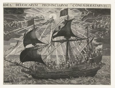 Statek państwa, 1620 Alegoria szczęśliwego stanu kraju po synodzie w Dordrecht Idea Belgicarum Provinciarum Confaederatarum (tytuł na obiekcie) autorstwa François Schillemans