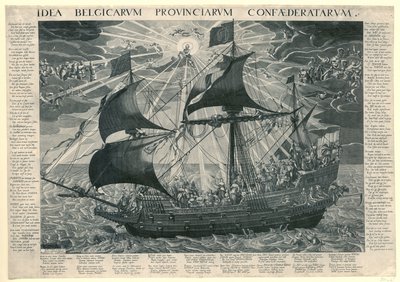 Statek państwa, 1620 Alegoria szczęśliwego stanu kraju po synodzie w Dordrecht Idea Belgicarum Provinciarum Confaederatarum (tytuł na obiekcie) autorstwa François Schillemans