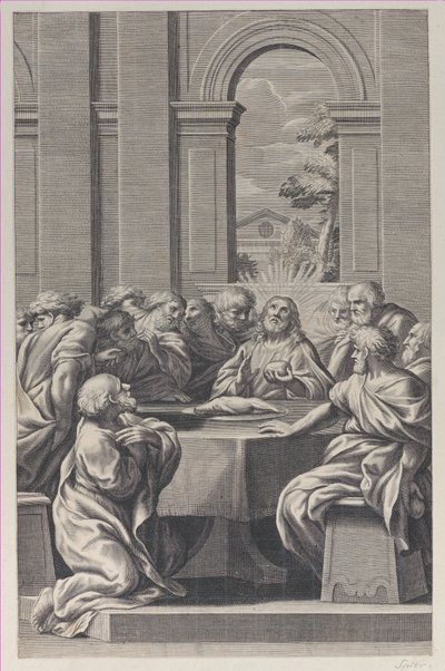 Ostatnia Wieczerza, wnętrze klasycystycznej budowli z siedzibą Chrystusa i jego apostołów..., 1660-81. autorstwa François Spierre