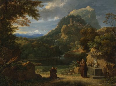 Święty Antoni z Padwy przedstawiający dwóch nowicjuszy braciom w górskim krajobrazie autorstwa Francois Xavier Fabre