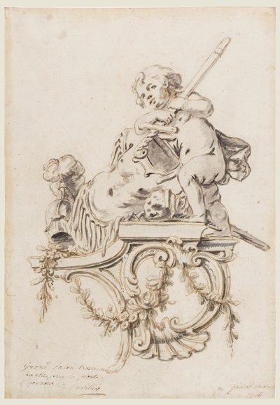 Projekt rzeźbionego wspornika z Putto w towarzystwie atrybutów wojny, dla Grand Trianon, Wersal autorstwa François de Cuvilliés the younger