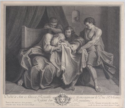 Jakub płacze w szatę syna, podczas gdy inni synowie ją od niego odciągają, 1724. autorstwa François de Poilly