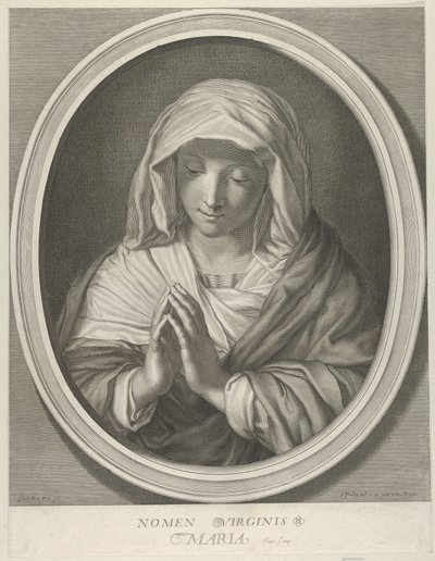 Modląca się Dziewica spoglądająca w dół, w owalnej ramie, według Reni, 1640-93. autorstwa François de Poilly