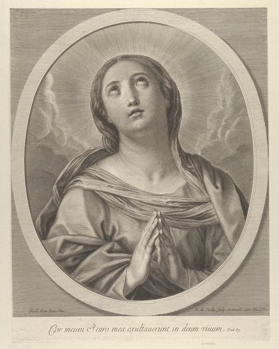 Dziewica w modlitwie, patrząca w górę z chmurami za sobą, w owalnej ramie, według Reni, ..., 1648-81. autorstwa François de Poilly