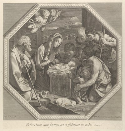 Adoracja pasterzy klęczących razem tuż przed Dzieciątkiem Chrystusem..., ok. godz. 1655-93. autorstwa François de Poilly